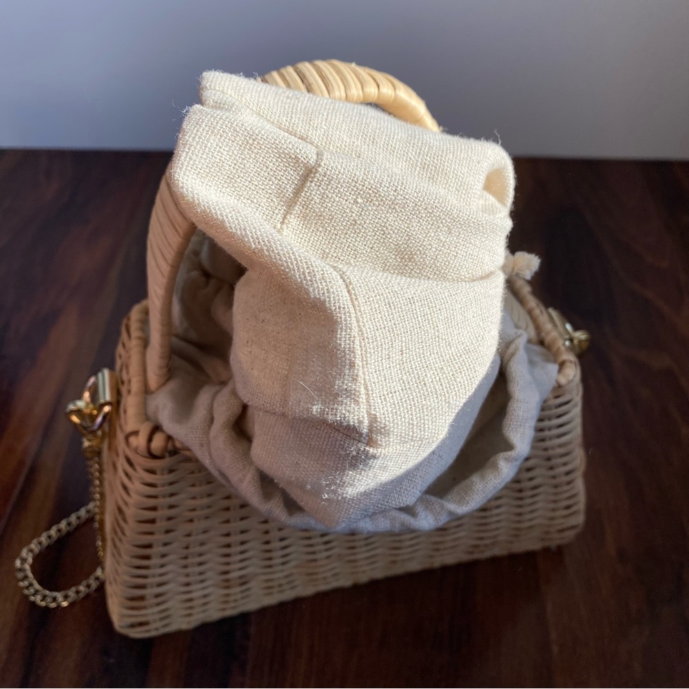 Zara Woven Raffia Straw Structured Handbag with Gold Chain Drawstring Linen - Picture 10 of 13